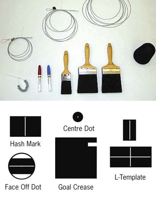 Komplett ismerking- og sjablongsett med pensler, maler, sjablonger for faceoff-prikker, hash marks, goal crease og L-template